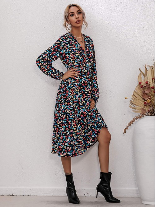 Allover Floral Print V-Neck Dress