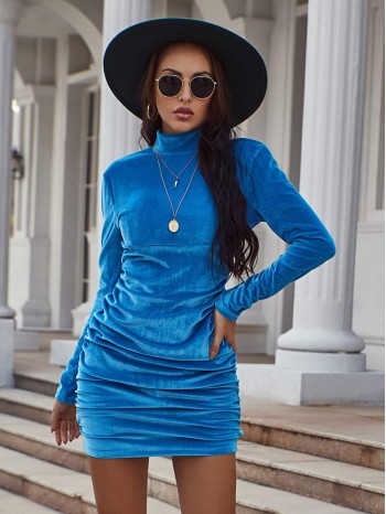 Velvet Mock Neck Ruched Dress