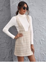 Zip Back Plaid Tweed Overall Dress