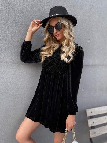 Velvet Puff Sleeve Shirred Smock Dress