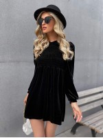 Velvet Puff Sleeve Shirred Smock Dress