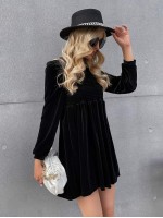 Velvet Puff Sleeve Shirred Smock Dress