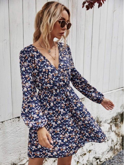 Allover Floral Surplice Front Dress