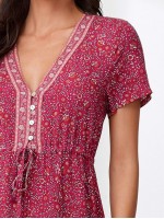 V-neck Floral & Tribal Print A-line Dress