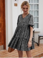 Allover Print Flutter Sleeve Buttoned Babydoll Dress