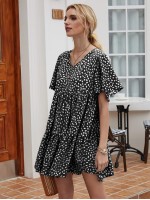 Allover Print Flutter Sleeve Buttoned Babydoll Dress