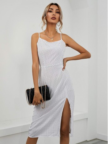 Zip Back Polka Dot Slit Hem Cami Dress