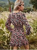 Allover Floral Print Shirred Waist A-line Dress