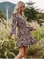 Allover Floral Print Shirred Waist A-line Dress