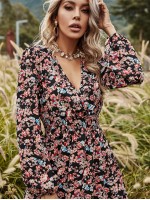 Allover Floral Print Shirred Waist A-line Dress