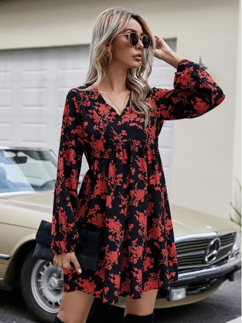 Allover Floral Print Babydoll Dress