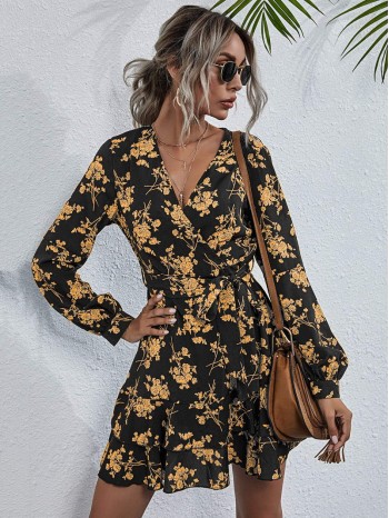 Allover Floral Print Layered Hem Belted Dress