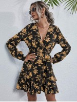 Allover Floral Print Layered Hem Belted Dress