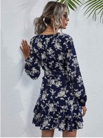 Allover Floral Print Layered Hem Belted Dress