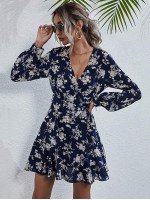 Allover Floral Print Layered Hem Belted Dress