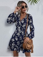 Allover Floral Print Layered Hem Belted Dress