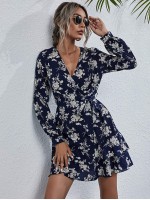 Allover Floral Print Layered Hem Belted Dress