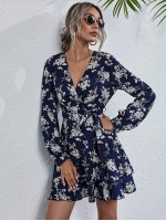 Allover Floral Print Layered Hem Belted Dress