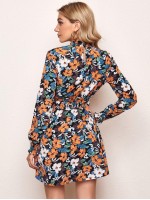 Allover Floral Print Shirred Detail Dress