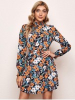 Allover Floral Print Shirred Detail Dress