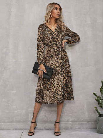 Bishop Sleeve Self Belted Leopard Dress