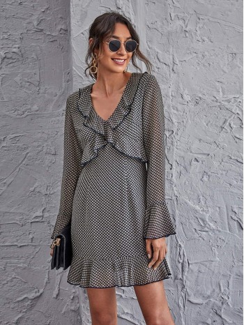 Bell Sleeve Ruffle Trim Allover Print Dress