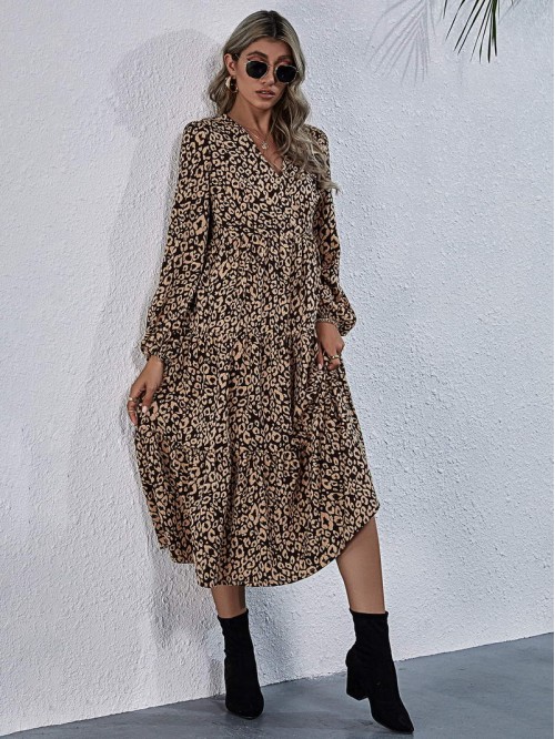 Allover Print Surplice Front Ruffle Hem Dress