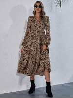 Allover Print Surplice Front Ruffle Hem Dress