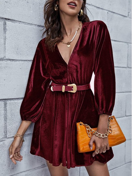 V-neck Velvet A-line Dress Without Belt