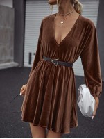 V-neck Velvet A-line Dress Without Belt