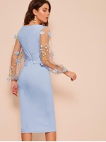 3D Appliques Mesh Sleeve Corset Belted Pencil Dress