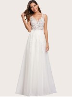 Appliques Detail Mesh Prom Dress