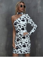 All Over Print Asymmetrical Choker Neck Dress