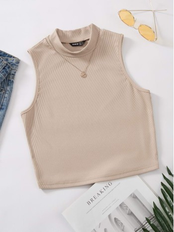 Mock Neck Rib-knit Tank Top Without Necklace