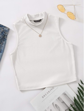 Mock Neck Rib-knit Tank Top Without Necklace