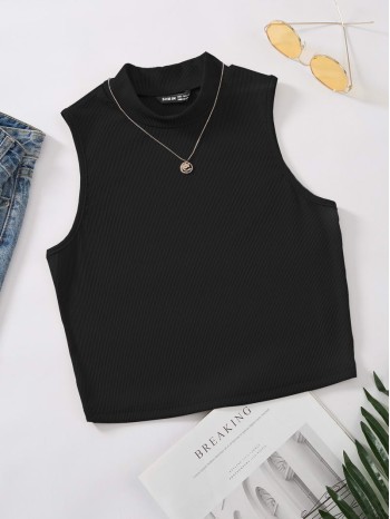 Mock Neck Rib-knit Tank Top Without Necklace