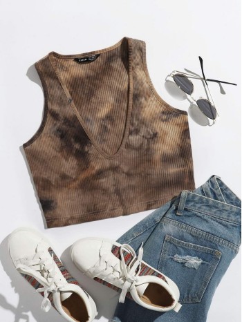 V-Neck Rib-knit Tie Dye Tank Top