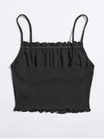 Frill Trim Ruched Front Rib-knit Cami Top