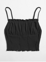 Frill Trim Ruched Front Rib-knit Cami Top