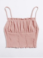 Frill Trim Ruched Front Rib-knit Cami Top