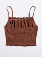 Frill Trim Ruched Front Rib-knit Cami Top