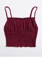 Frill Trim Ruched Front Rib-knit Cami Top