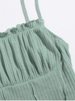 Frill Trim Ruched Front Rib-knit Cami Top