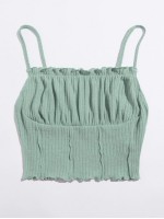 Frill Trim Ruched Front Rib-knit Cami Top