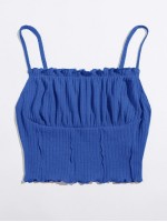 Frill Trim Ruched Front Rib-knit Cami Top