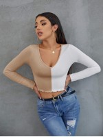 Lettuce Trim Rib-knit Colorblock Crop Tee