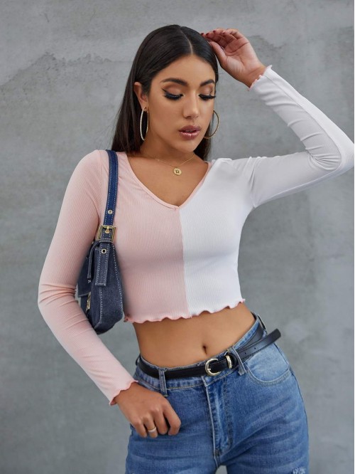 Lettuce Trim Rib-knit Colorblock Crop Tee