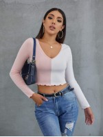 Lettuce Trim Rib-knit Colorblock Crop Tee