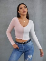 Lettuce Trim Rib-knit Colorblock Crop Tee