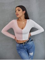 Lettuce Trim Rib-knit Colorblock Crop Tee